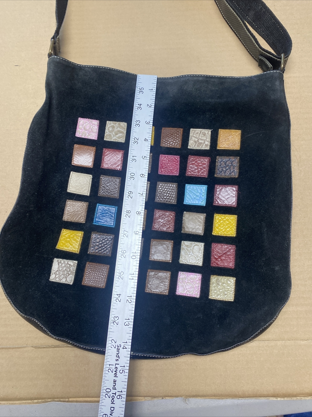 El Dorado Leather Black Suede Crossbody Messenger with Patchwork Leather Squares
