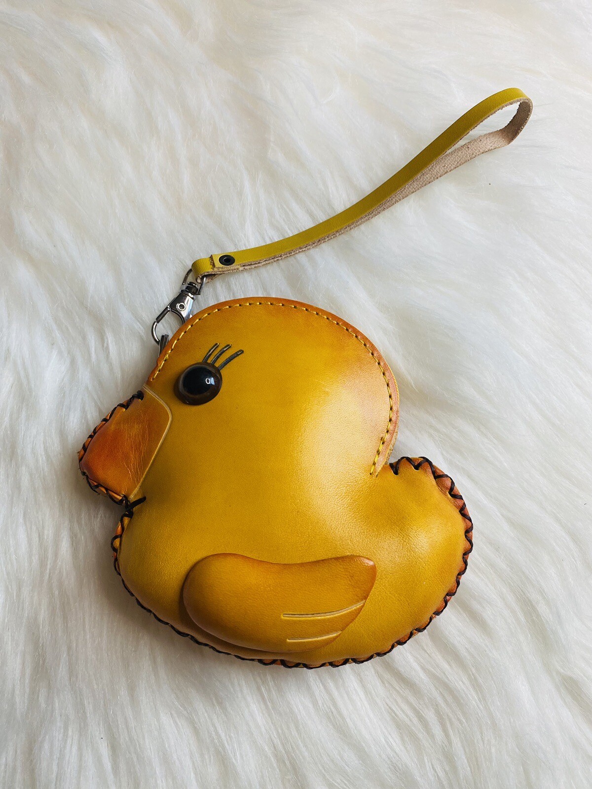 Yellow Duck Coin Purse Clutch Wristlet Zip Closure Leather New Handmade