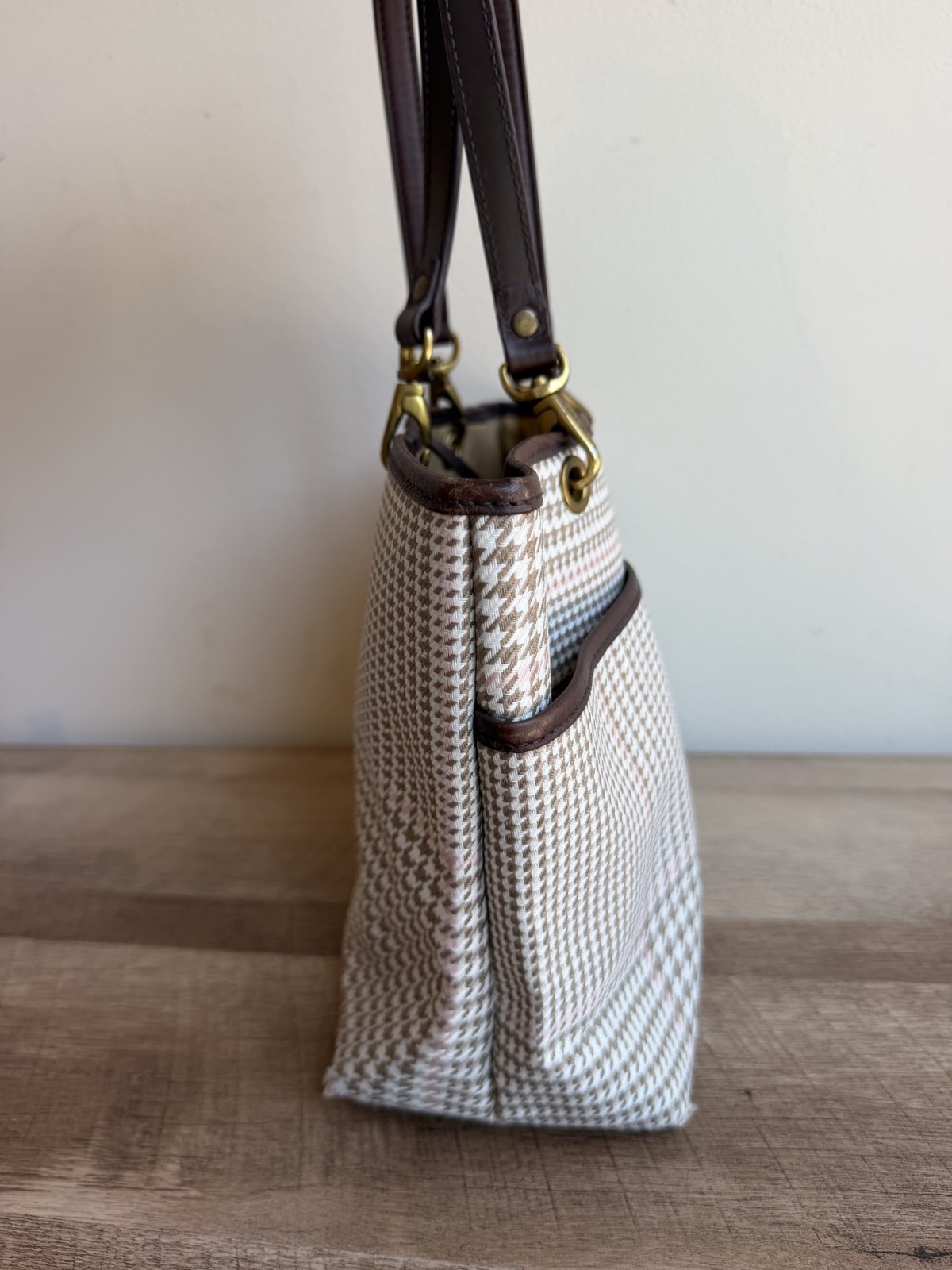 Lauren Ralph Lauren Plaid Houndstooth Tote Shoulder Bag Brown Leather Trim