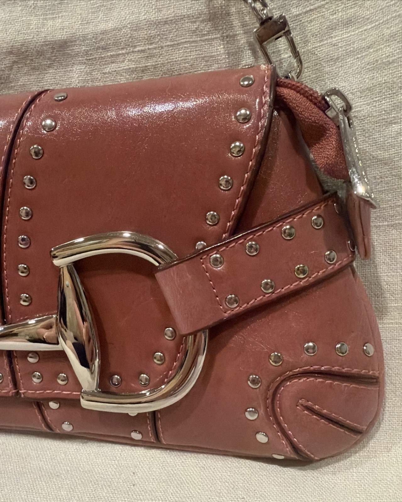Rina Rich Y2K Horsebit Studded Shoulder Bag Pink Baguette Heart Tag Vintage