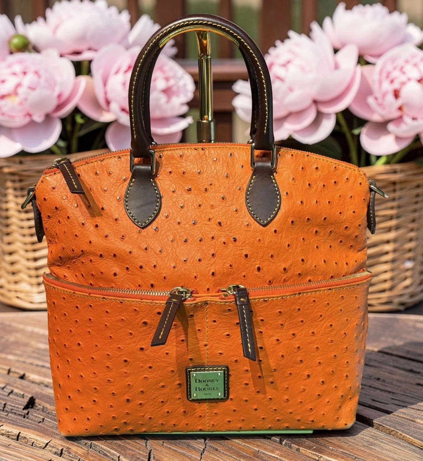 Dooney Bourke Tangerine Orange Ostrich Embossed Leather Front Pocket Satchel