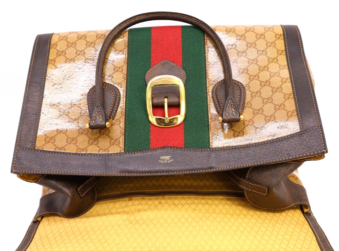 GUCCI VINTAGE Web Stripe Handbag Flap Canvas Brown Rare Authentic