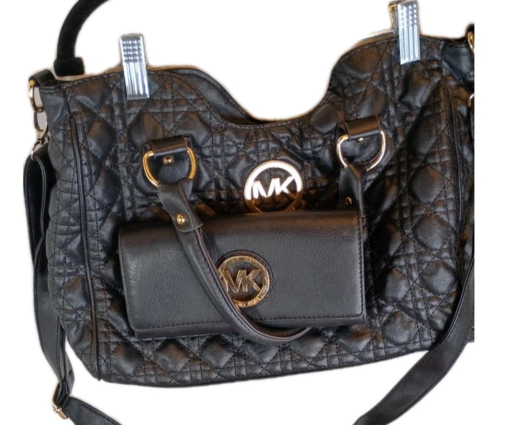 Michael Kors Black Quilted Purse And Black MK Wallet Gold Accent Inside Clean