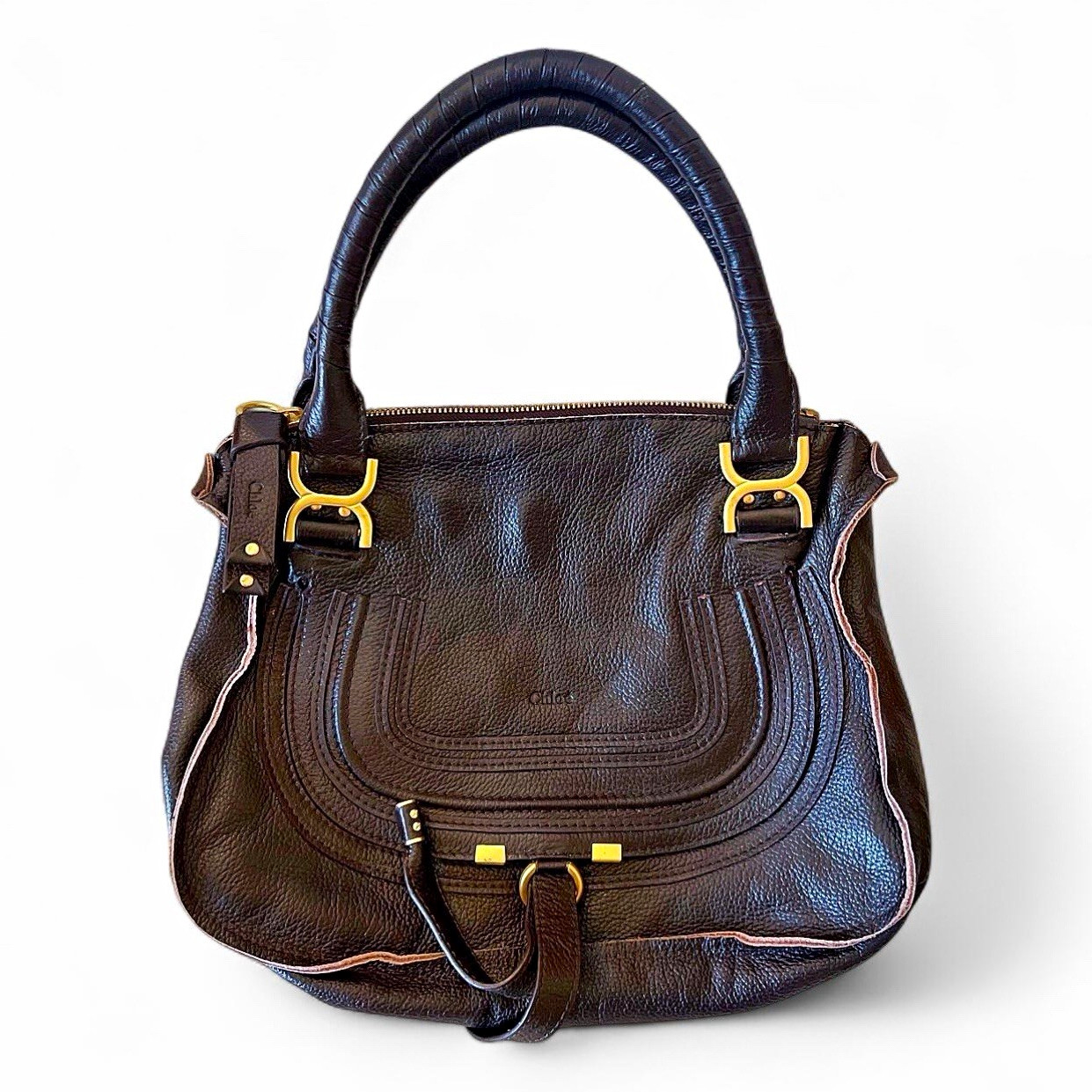 Chloé Brown Pebbled Satchel Top Handle Bag, Zip Closure, Detachable Strap