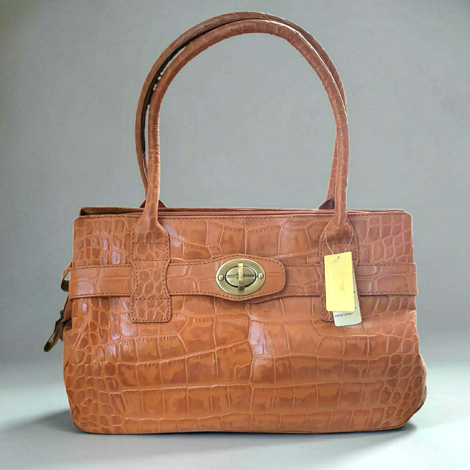 Michael Rome Italian Leather Cognac Croc Embossed Satchel Tote NWT Italy