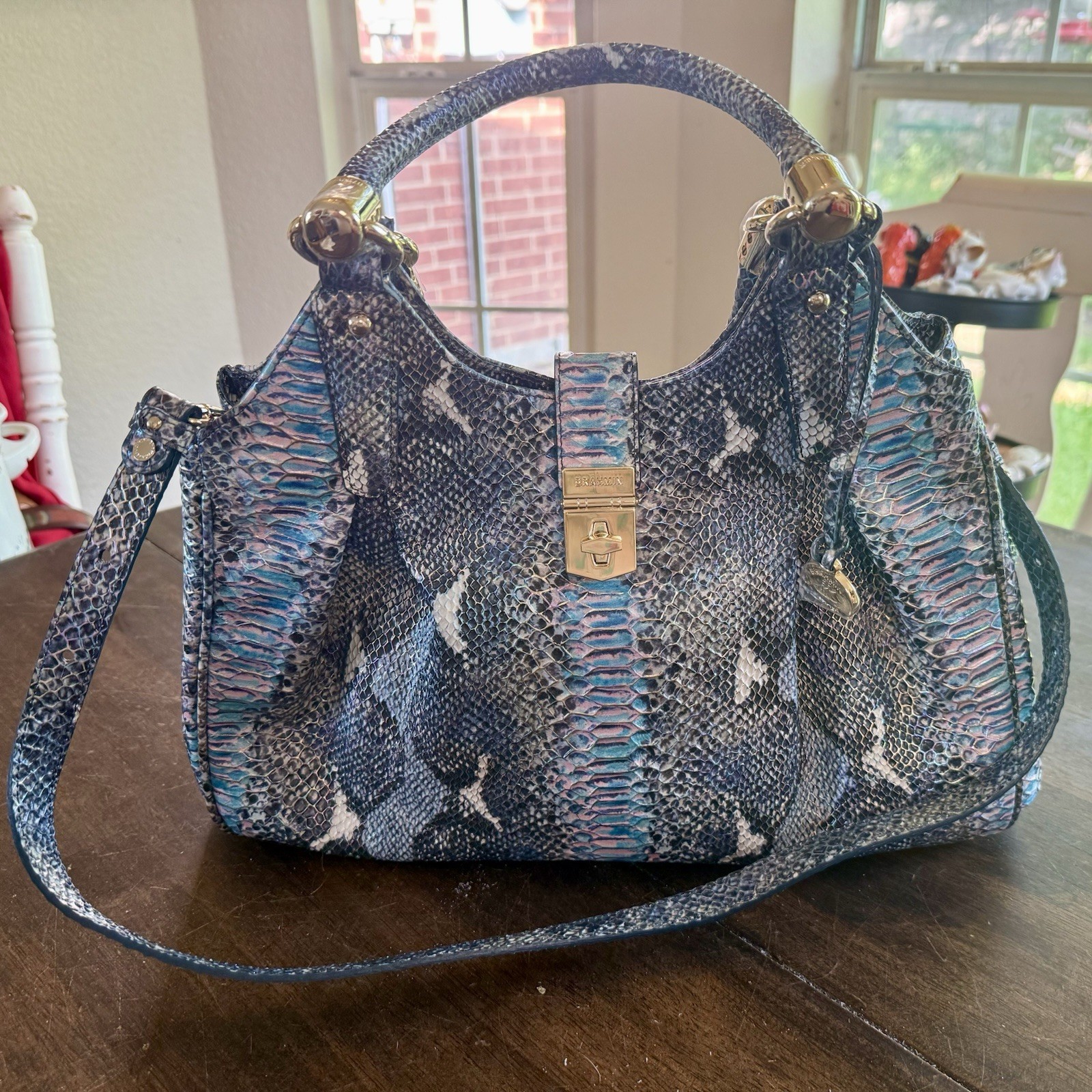 Brahmin Elisa Marine Seville Snakeskin Design Leather Satchel Handbag