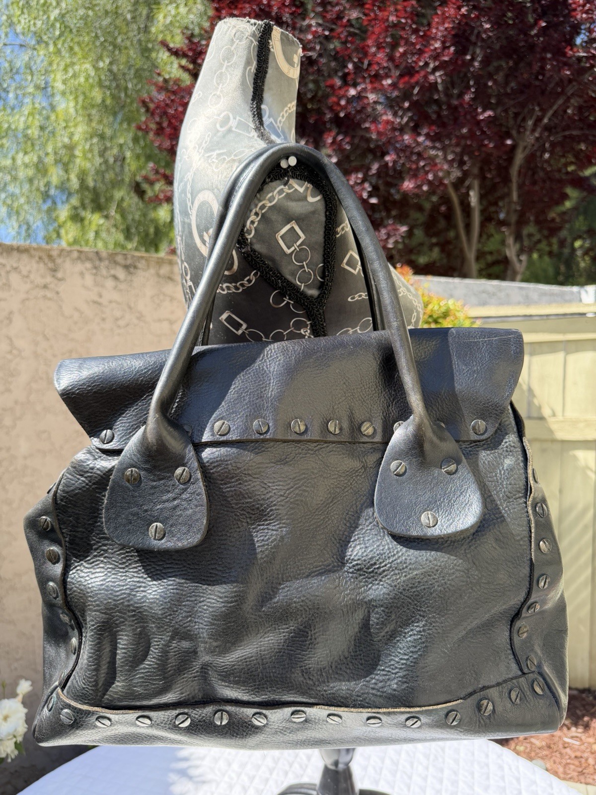 Handmade Avant Garde Riri Hardware Black Leather Studded Goth Top Flat Handbag