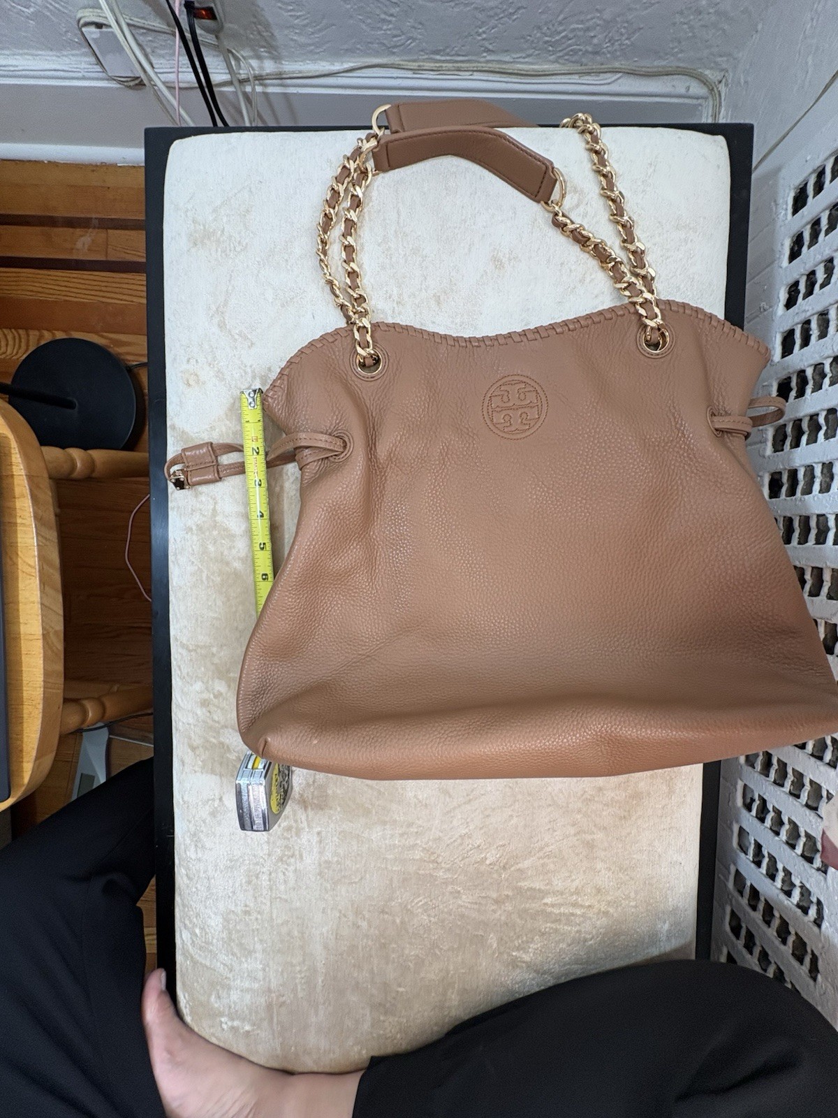 Tory Burch Pebbled Leather Chain Tote Shoulder Bag Camel Brown Gold Logo Large
