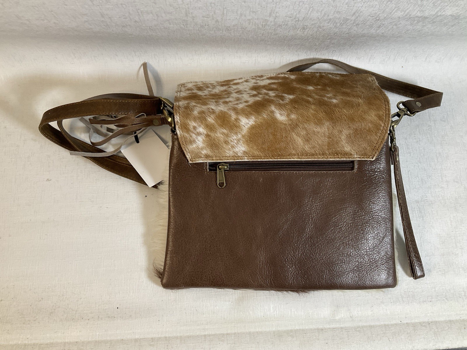 Brown/White Animal Print Crossbody Bag Fringe, Snap/Zip, Lined Inner Pockets