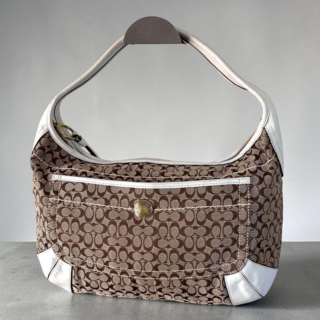 Coach Signature Canvas Leather Beige Shoulder Bag Womens 10772 Dust Bag