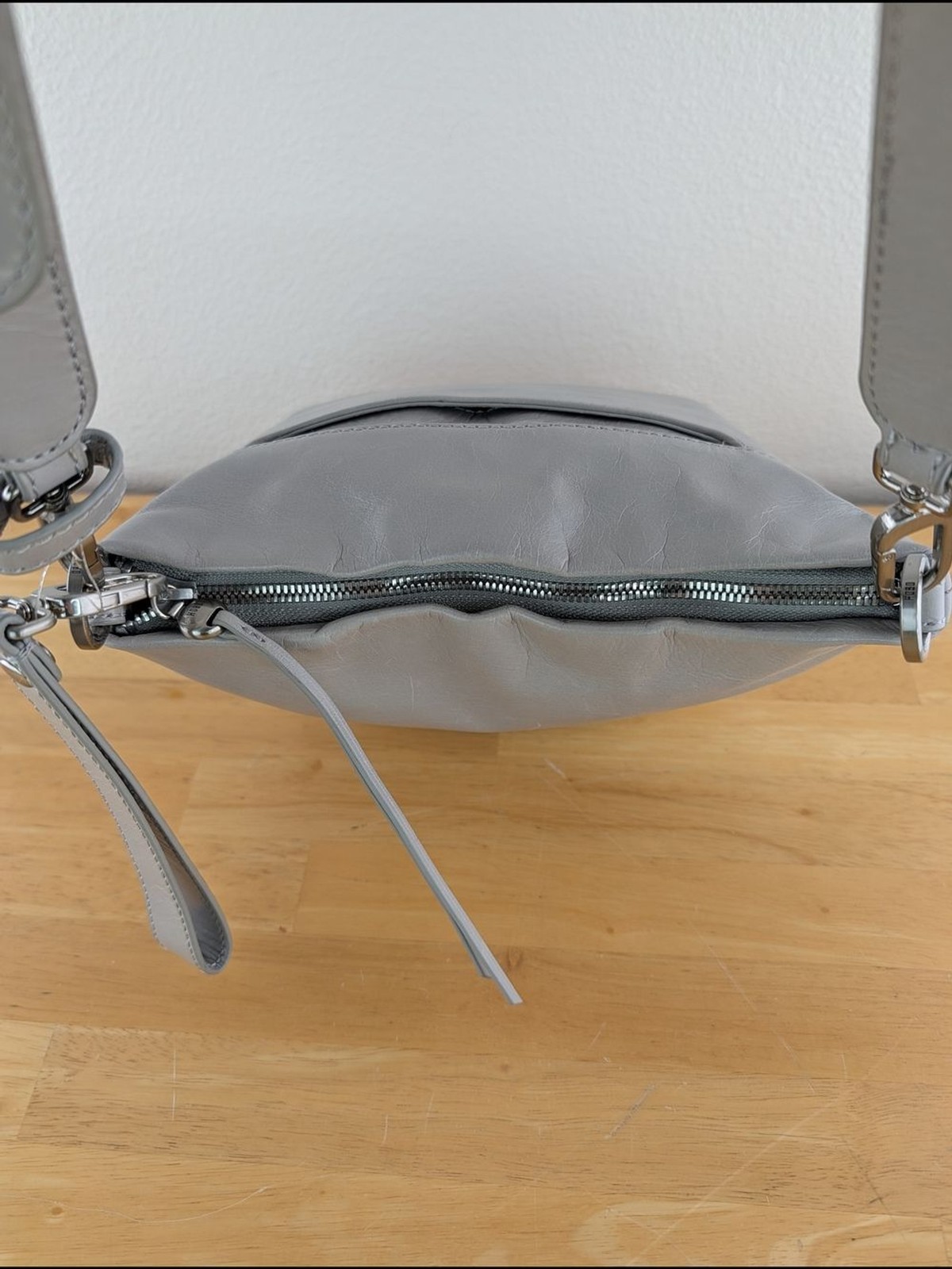 Hobo Gray Smooth Leather Crossbody Bag Clutch Wide Strap Silver Toned Hardware