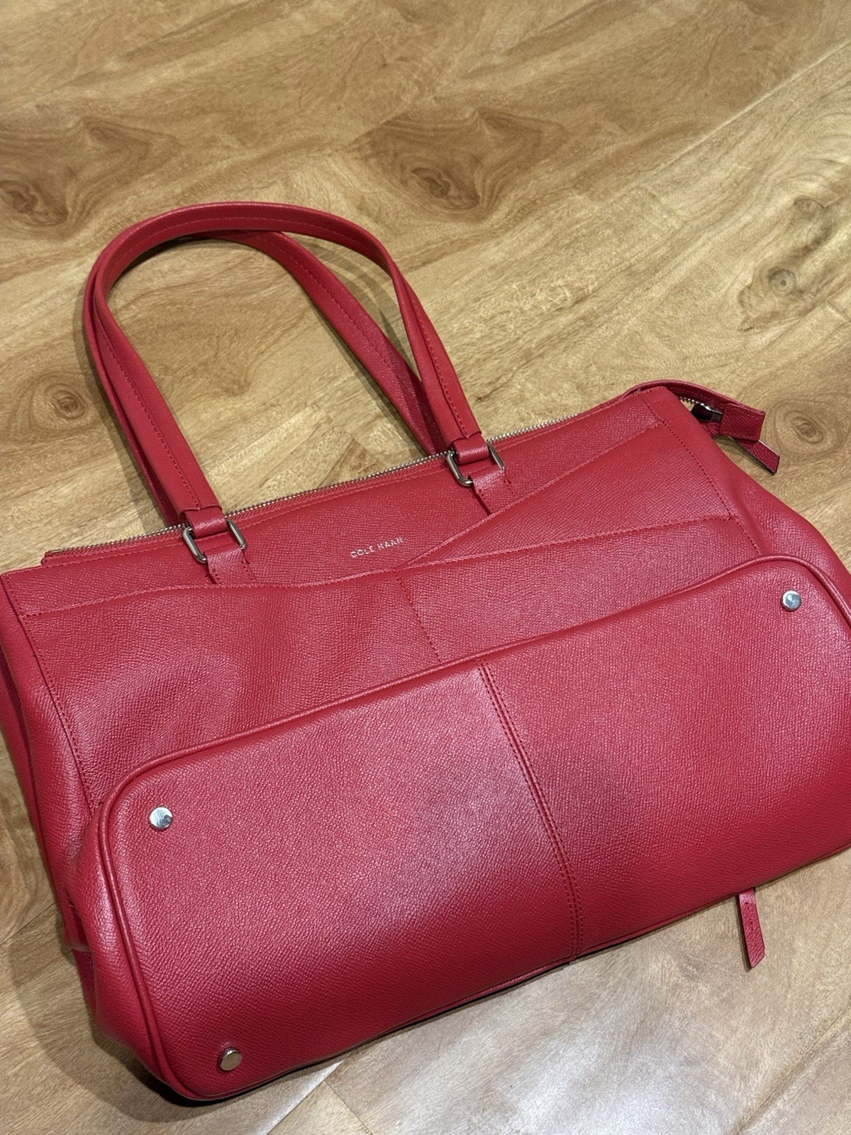 Cole Haan Red Zip Tote Bag Double Handles Inner Pockets Lined Silver HW