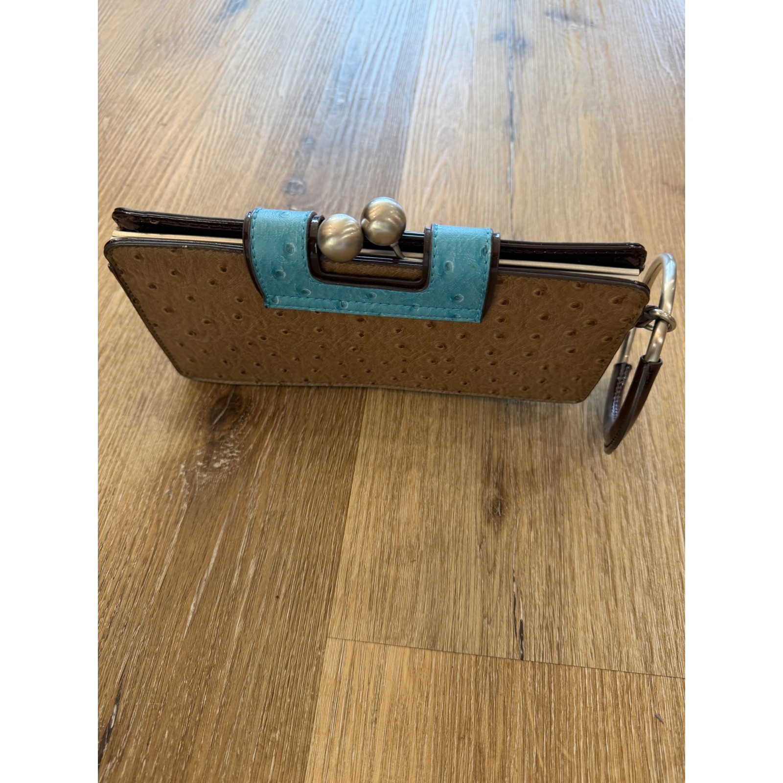 The Limited Clutch Bag Kiss Lock Womens Brown Turquoise Ostrich Embossed Y2K