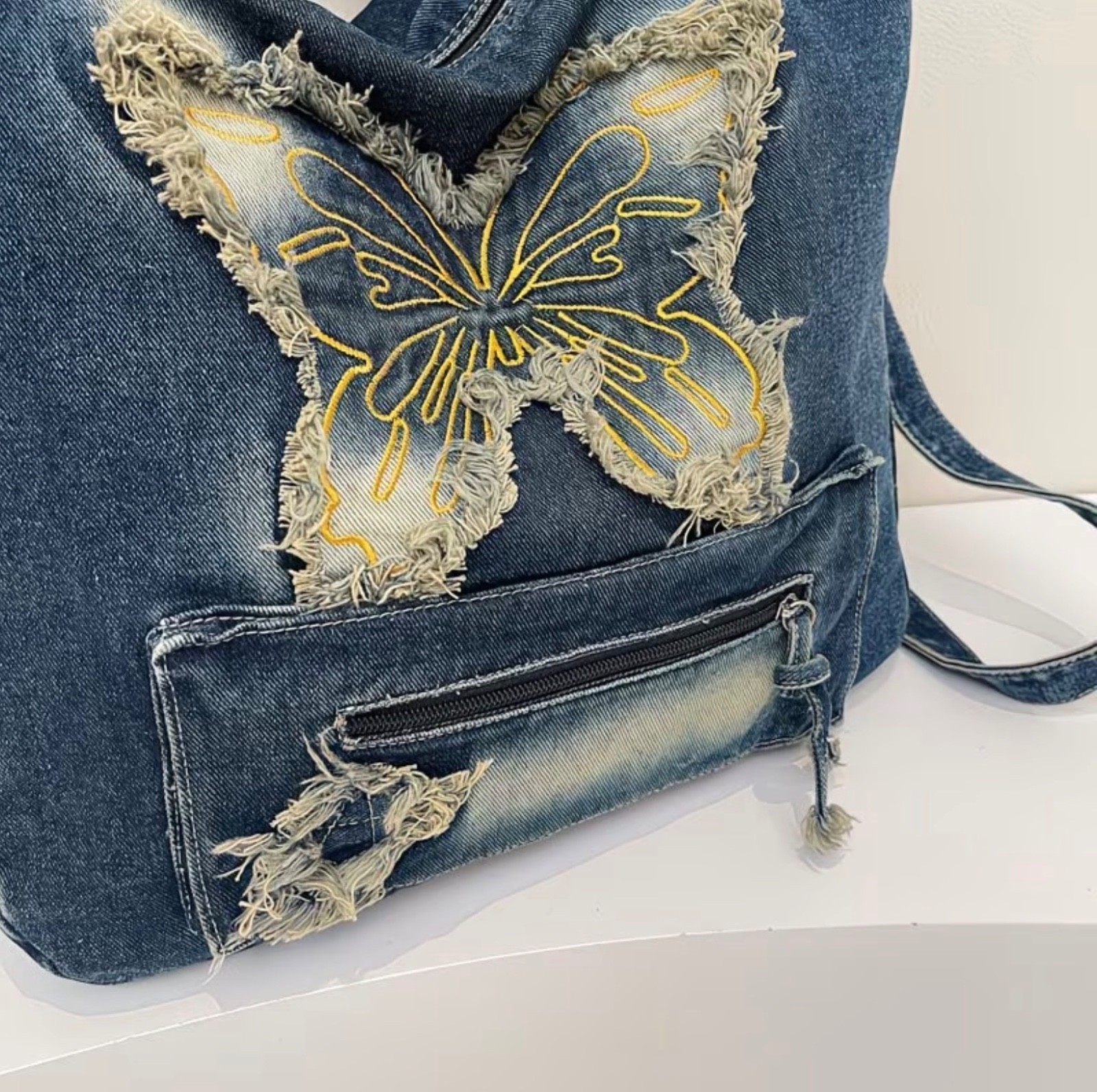 Dark Blue Denim Crossbody Shoulder Bag With Butterfly Design
