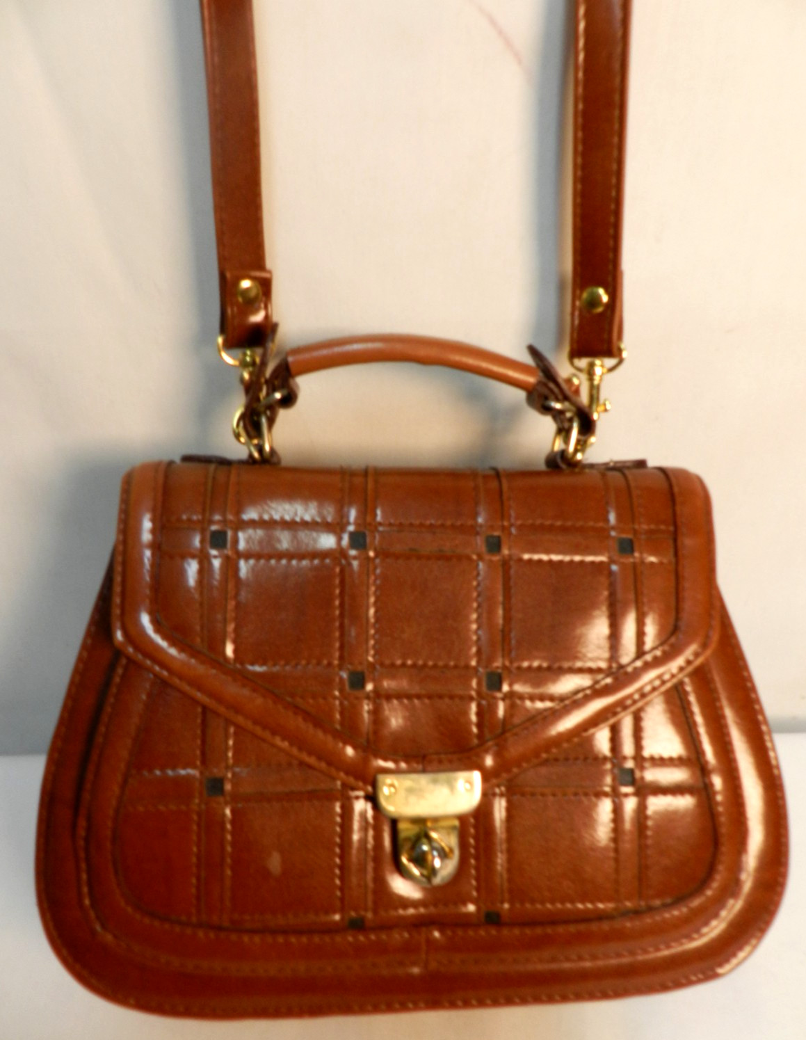 Vintage Structured Faux Leather top handle convertible shoulder bag purse brown