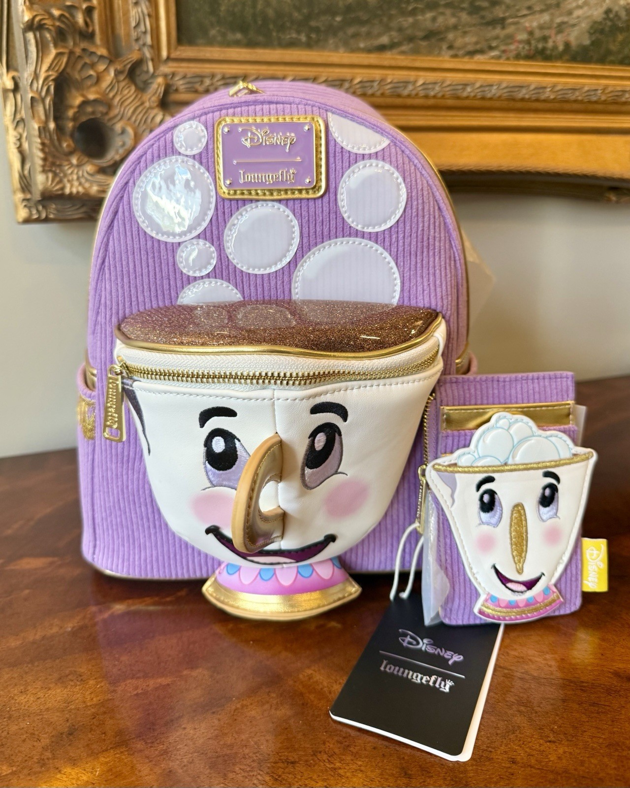 NWT Loungefly Disney Beauty & the Beast Chip Corduroy Mini Backpack & Card Case