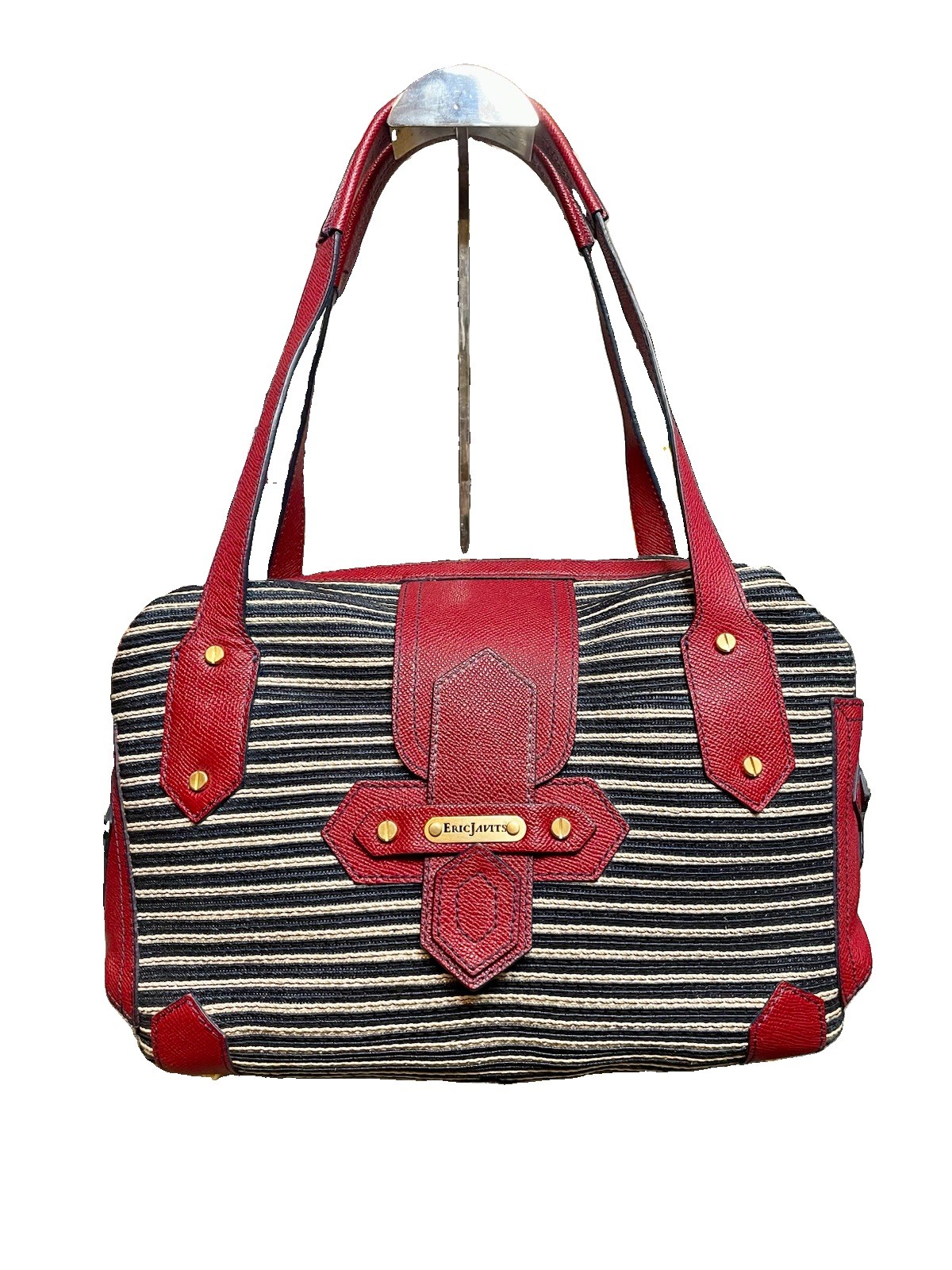 Eric Javits Dual Handle Striped Woven ‘Squishee’ Satchel Red Trim Gold Hardware