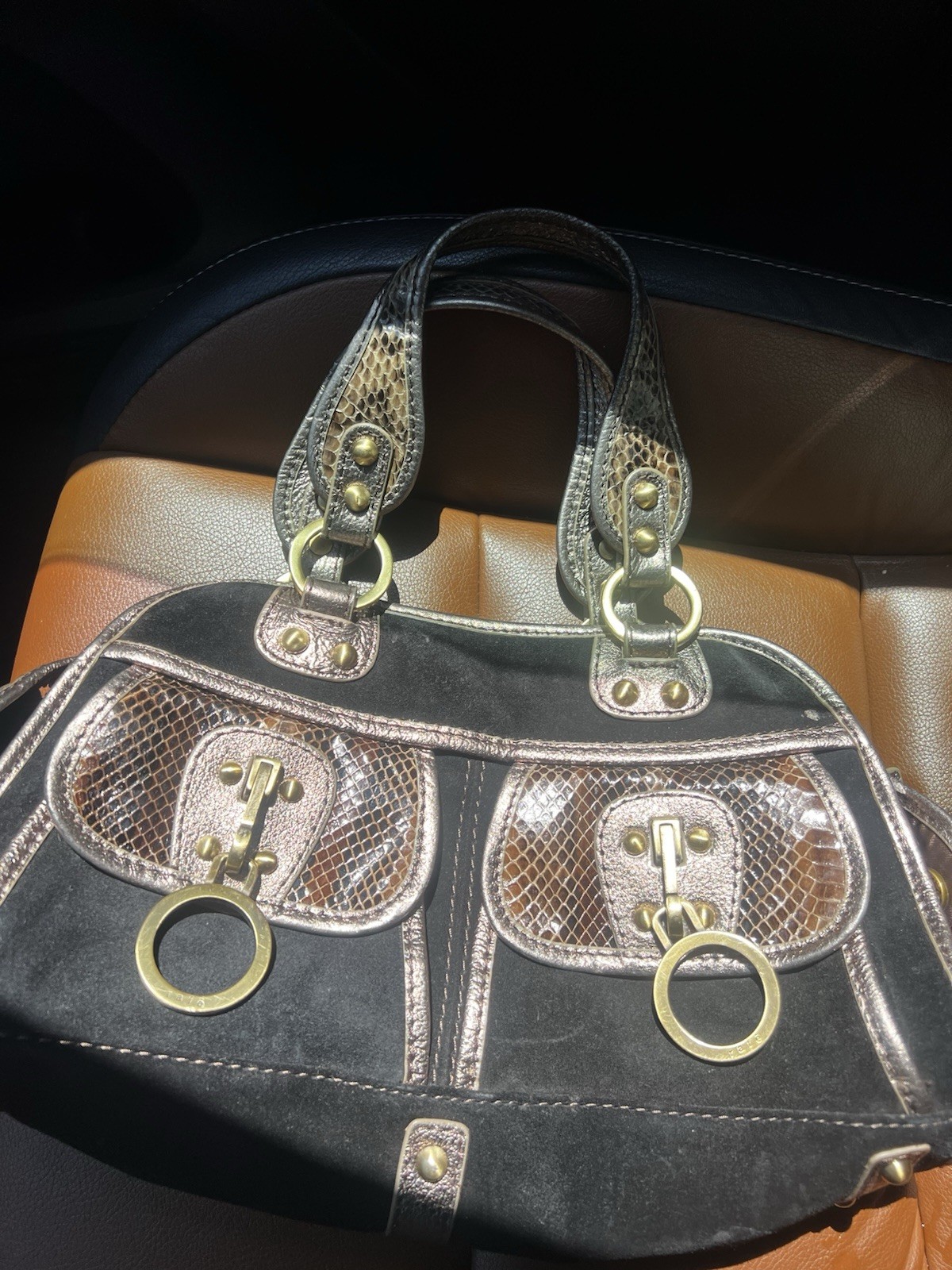 rafé Snake-Embossed Satchel Top Handle Bag Double Handles Gold Hardware