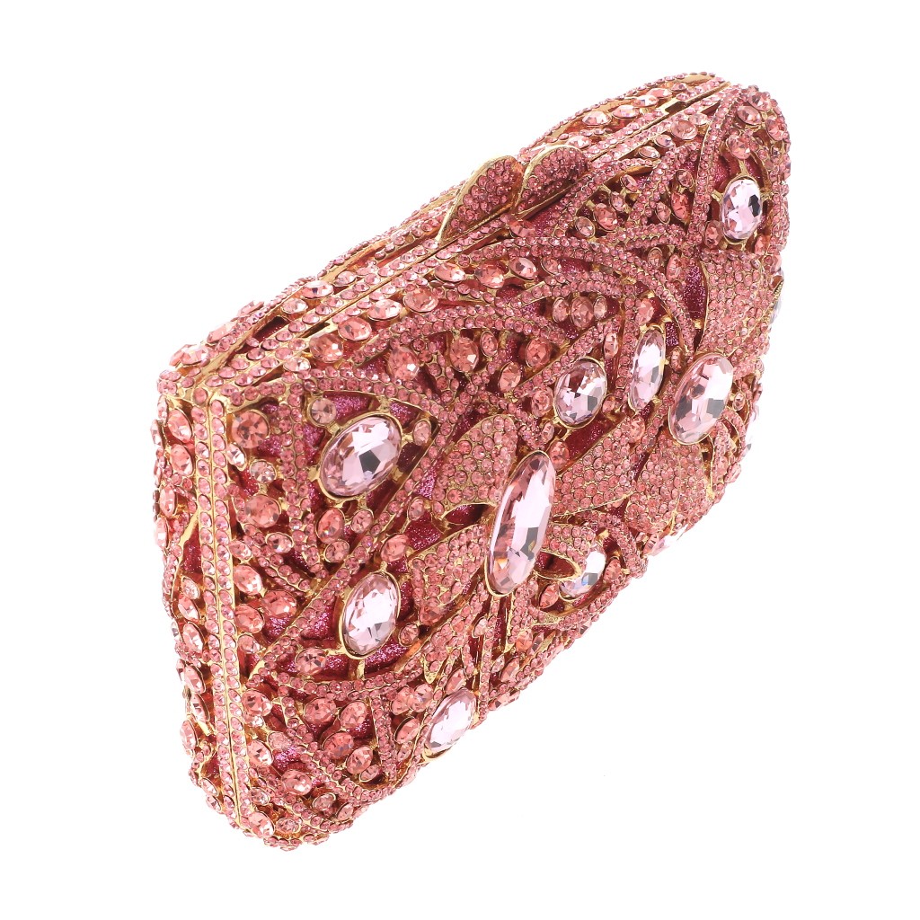 Gold Tone Alloy Metal Crystal Rhinestone Clutch Evening Bag HB6249-PNK
