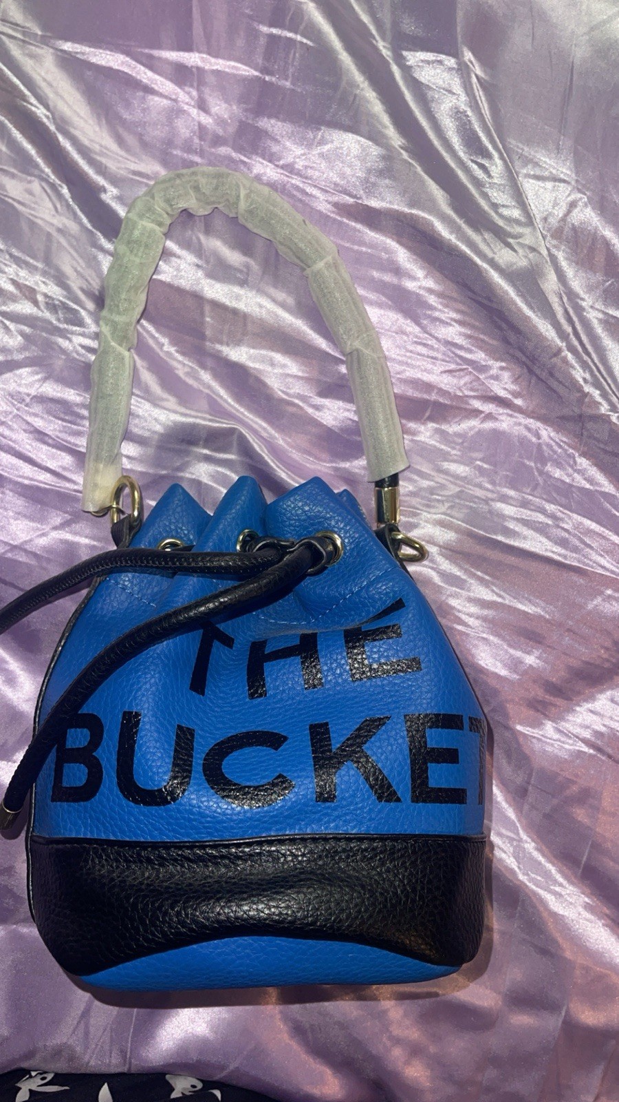 Mini Blue/Black Drawstring Bucket Bag Top Handle, Adjustable Detachable Strap