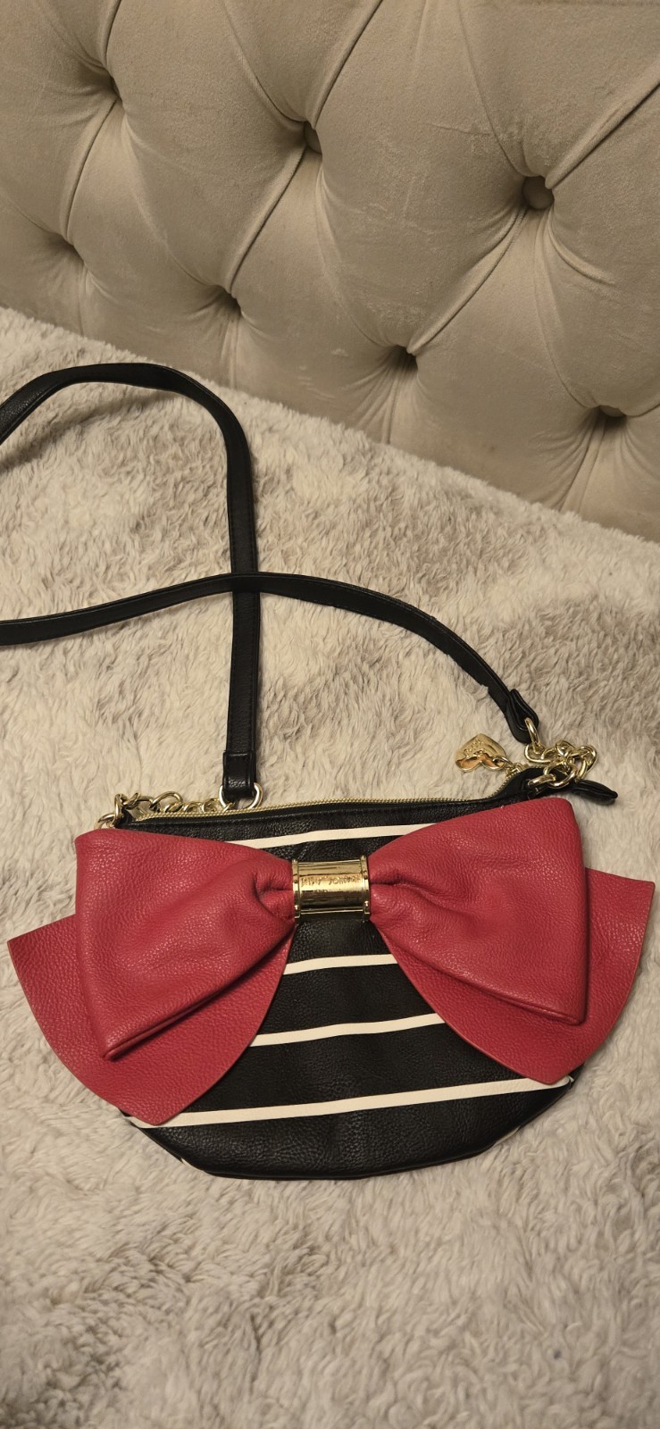 Betsey Johnson Striped Crossbody with Red Bow & Chain Strap