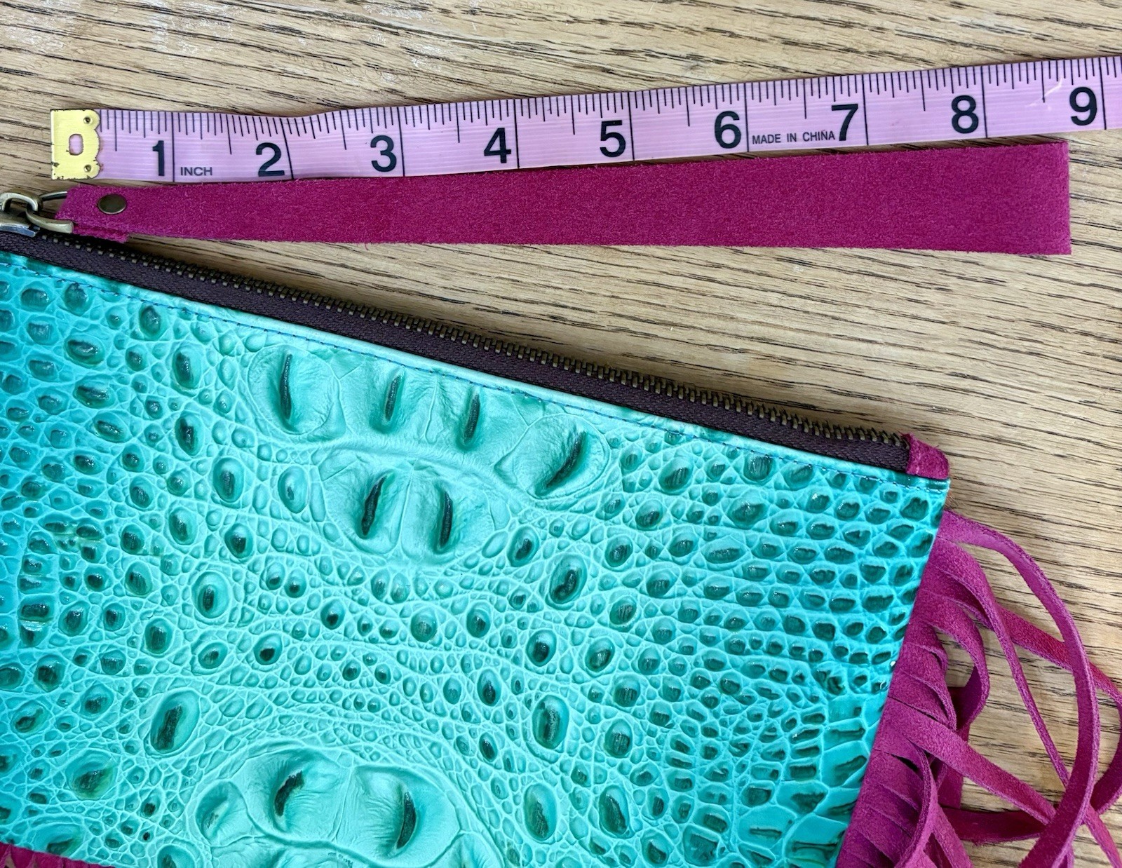 L&B Turquoise Embossed Leopard Print Fringe Wristlet Clutch Zip Pockets