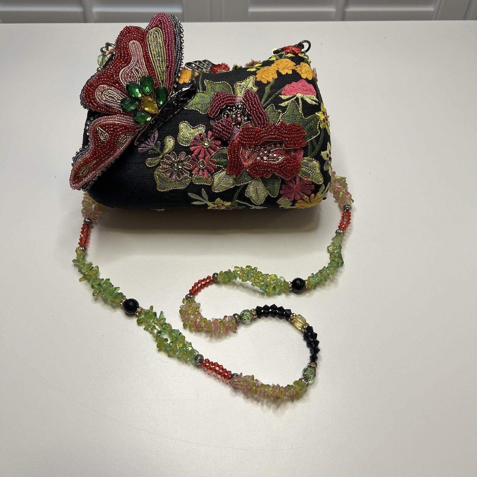 Mary Frances Butterfly Floral Beaded Embroidered Clutch Rhinestones, Chain Strap