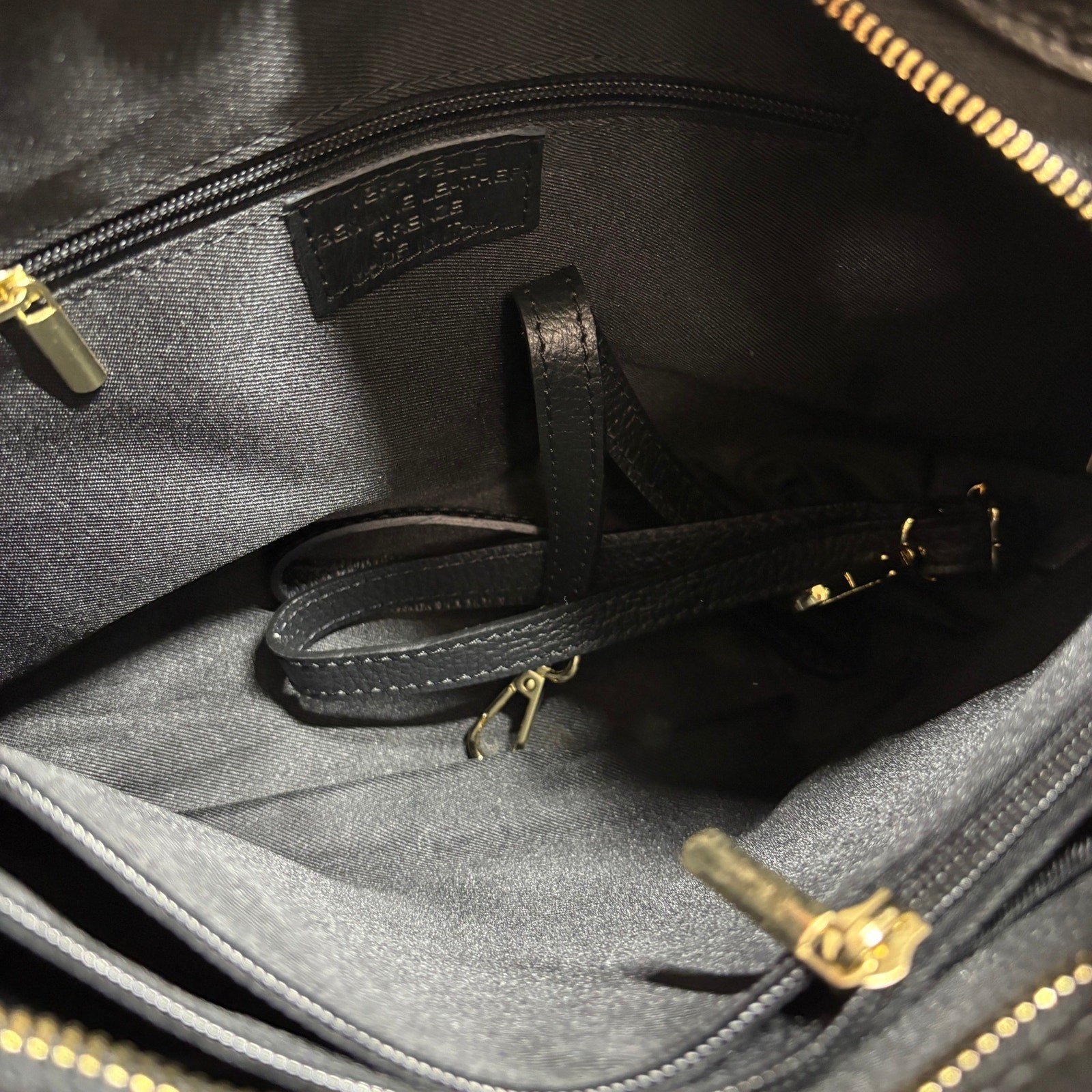 Vera Pelle Gold Top Handle Hobo Bag Black Genuine Leather Inner Zip Pocket Italy