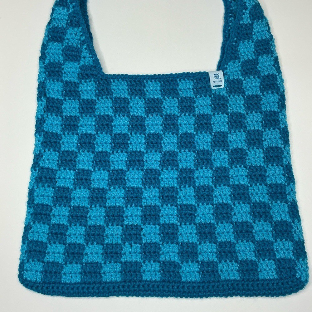 Handmade Sapphire & Cyan Blue Checker Checkerboard Crochet Shoulder Tote Bag