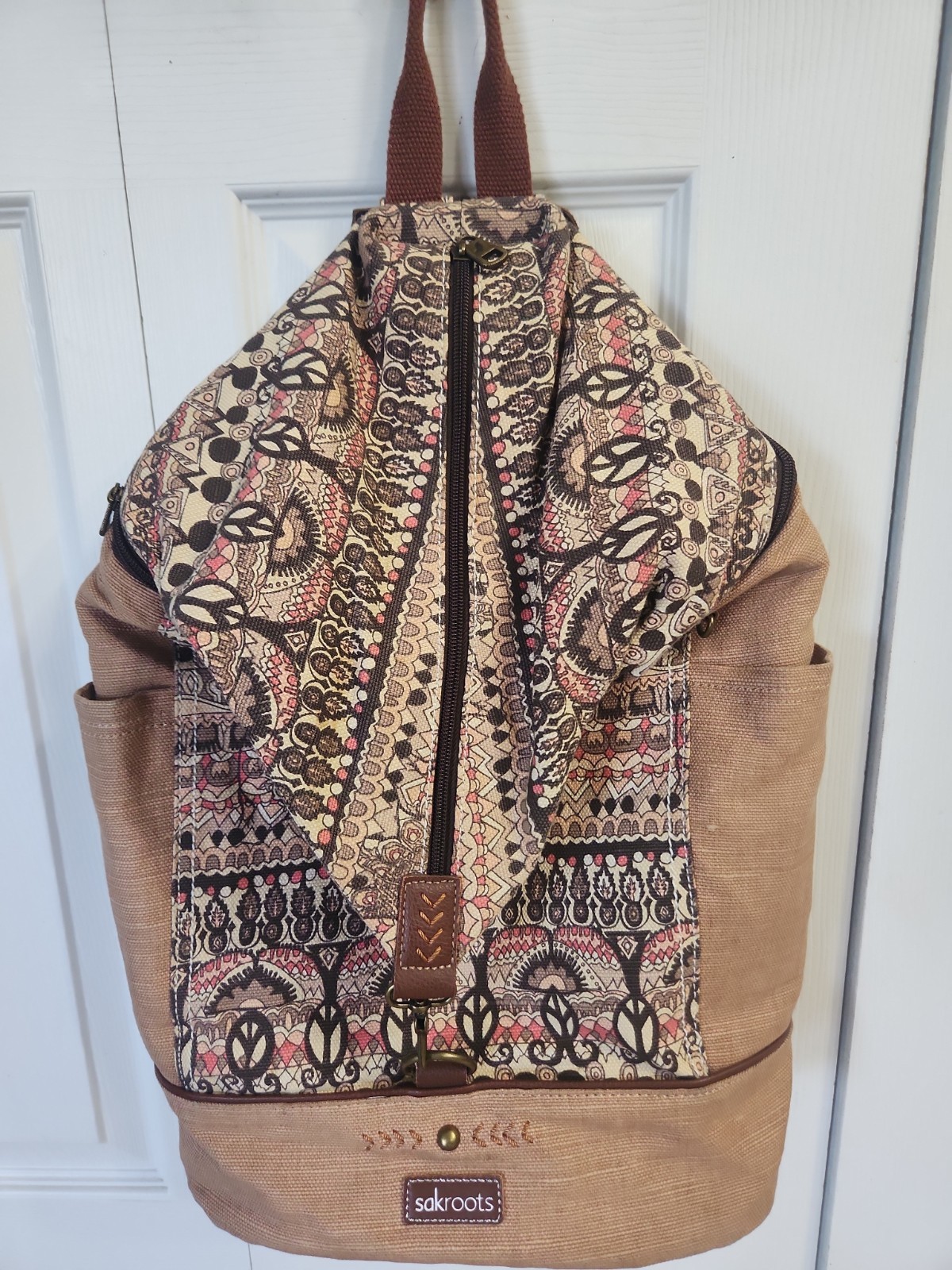 SAKROOTS Large Bucket Backpack Brown One World Peace Print Canvas Boho Bag NICE!