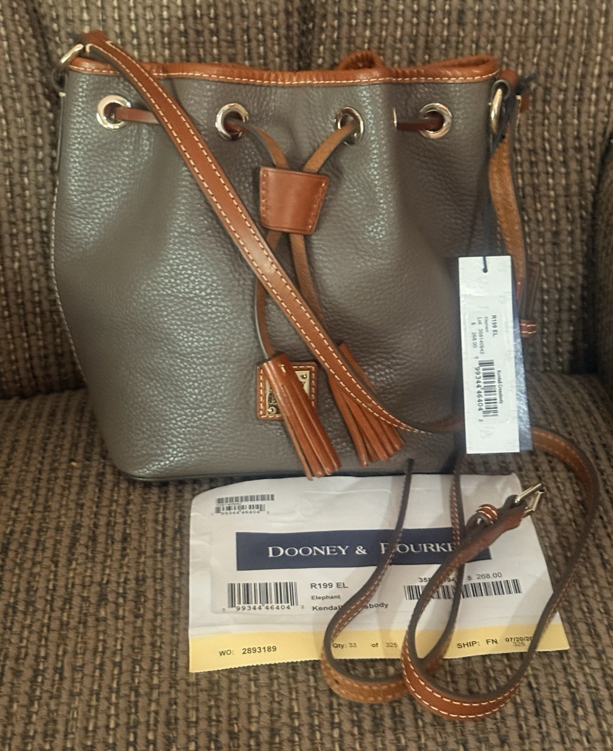 Dooney & Bourke Small Gray Brown Drawstring Bucket Bag, Detachable Strap