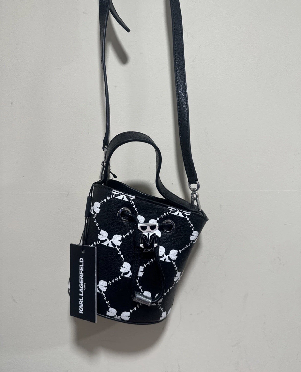 Karl Lagerfeld Paris Mini Drawstring Bucket Bag Black Logo NWT RARE CUTE RP:$168