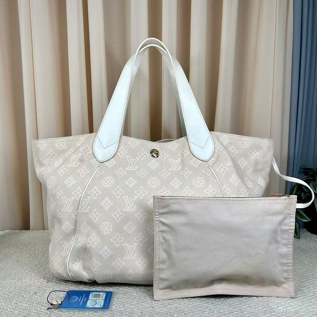 Louis Vuitton Cabas Ipanema PM Tote Bag Beige Monogram Canvas With Pouch Auth