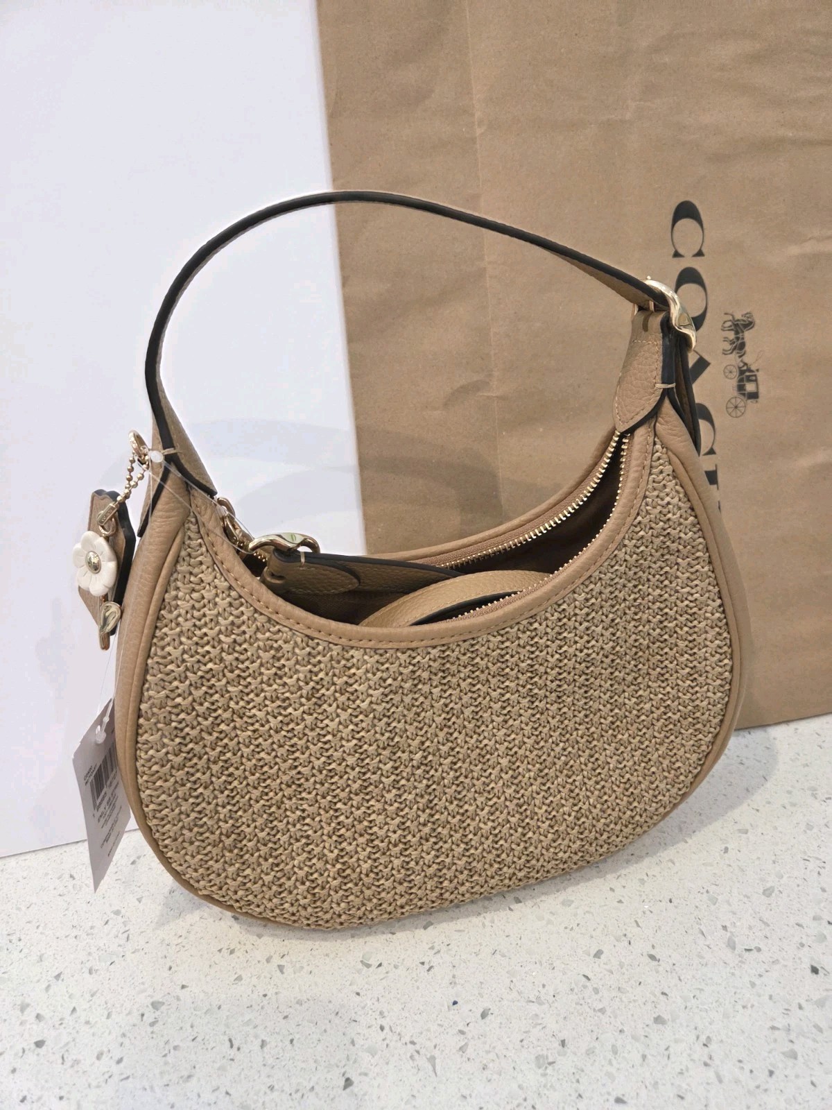 NWT COACH Emily Shoulder Bag Straw and Leather Gold Toast CDX20 Handbag w/ Charm
