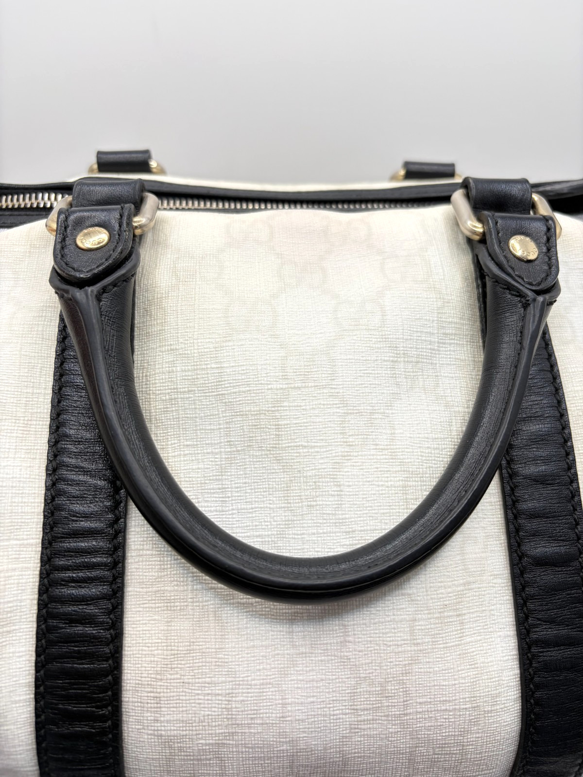 GUCCI Joy Boston Bag GG Supreme Medium White Canvas Satchel Black Leather Trim