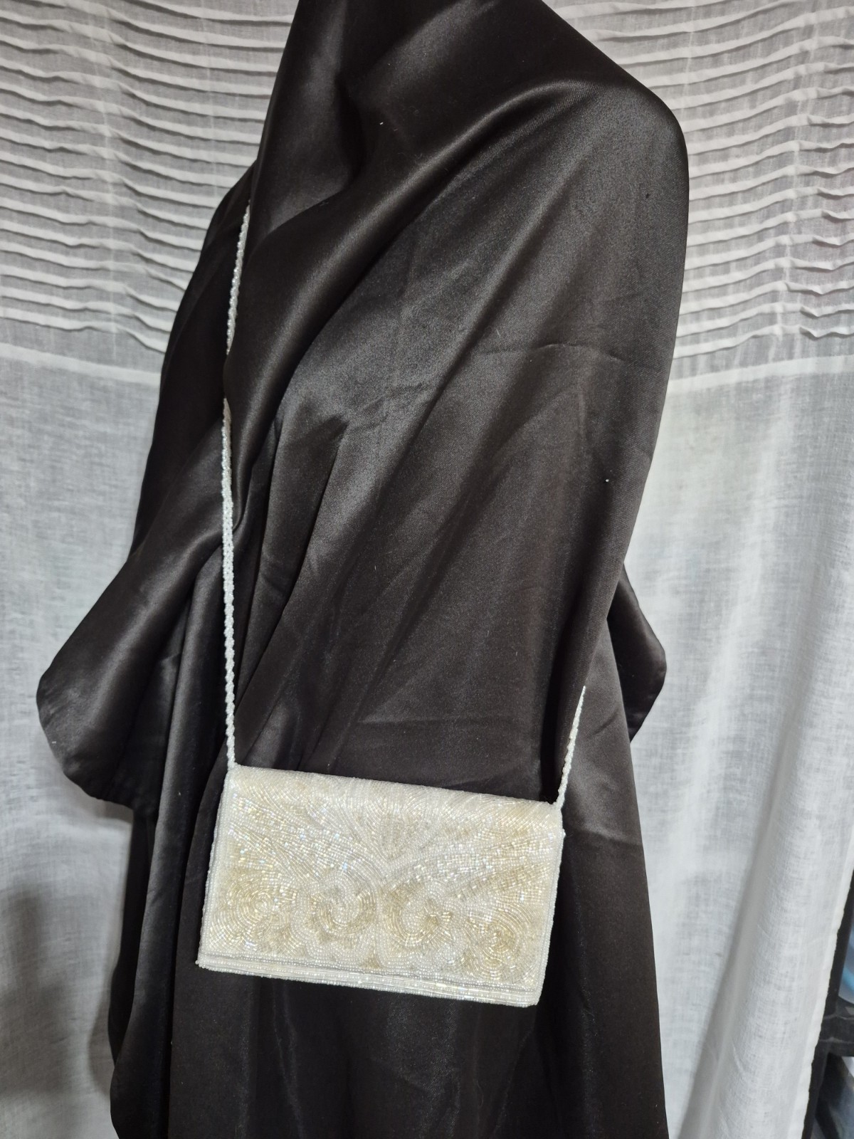 Ivory Beaded Floral Evening Shoulder Clutch, Strap, Snap Closure, Lined, Gold HW