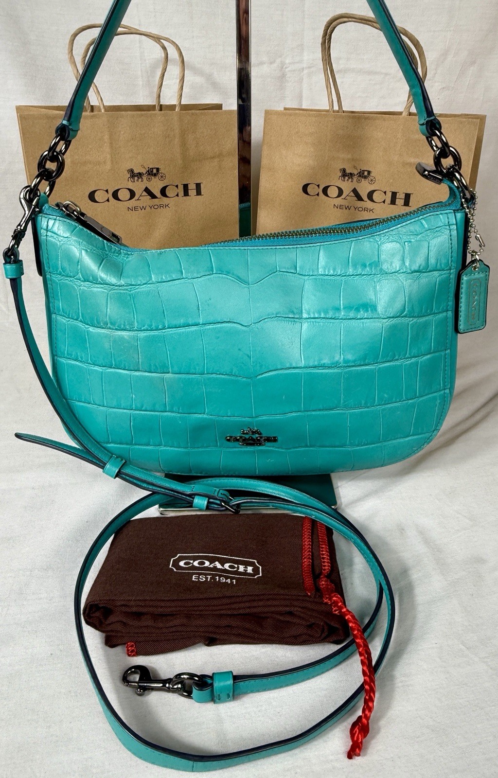 😎😎😎COACH TEAL BLUE LEATHER Chelsea XBody Crock Embossed Purse 37733 DUST BAG