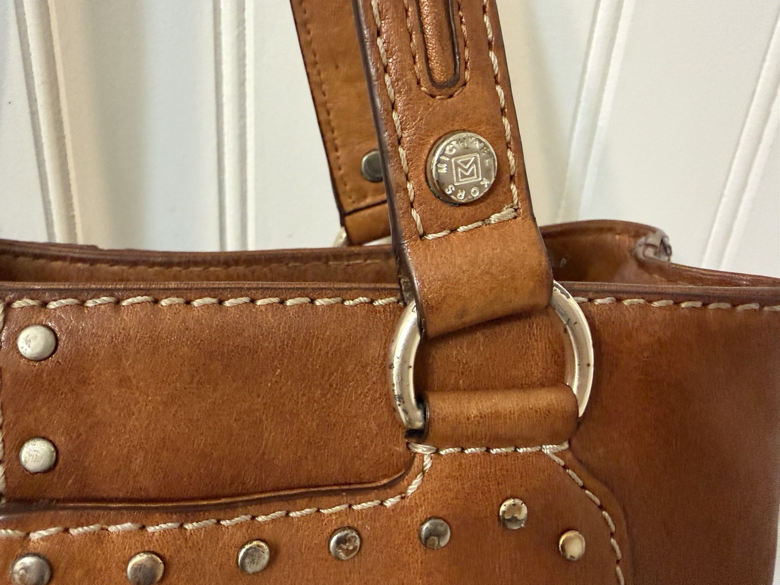 MICHAEL KORS Astor Satchel Shoulder Hand Bag Leather Cognac Studded Designer