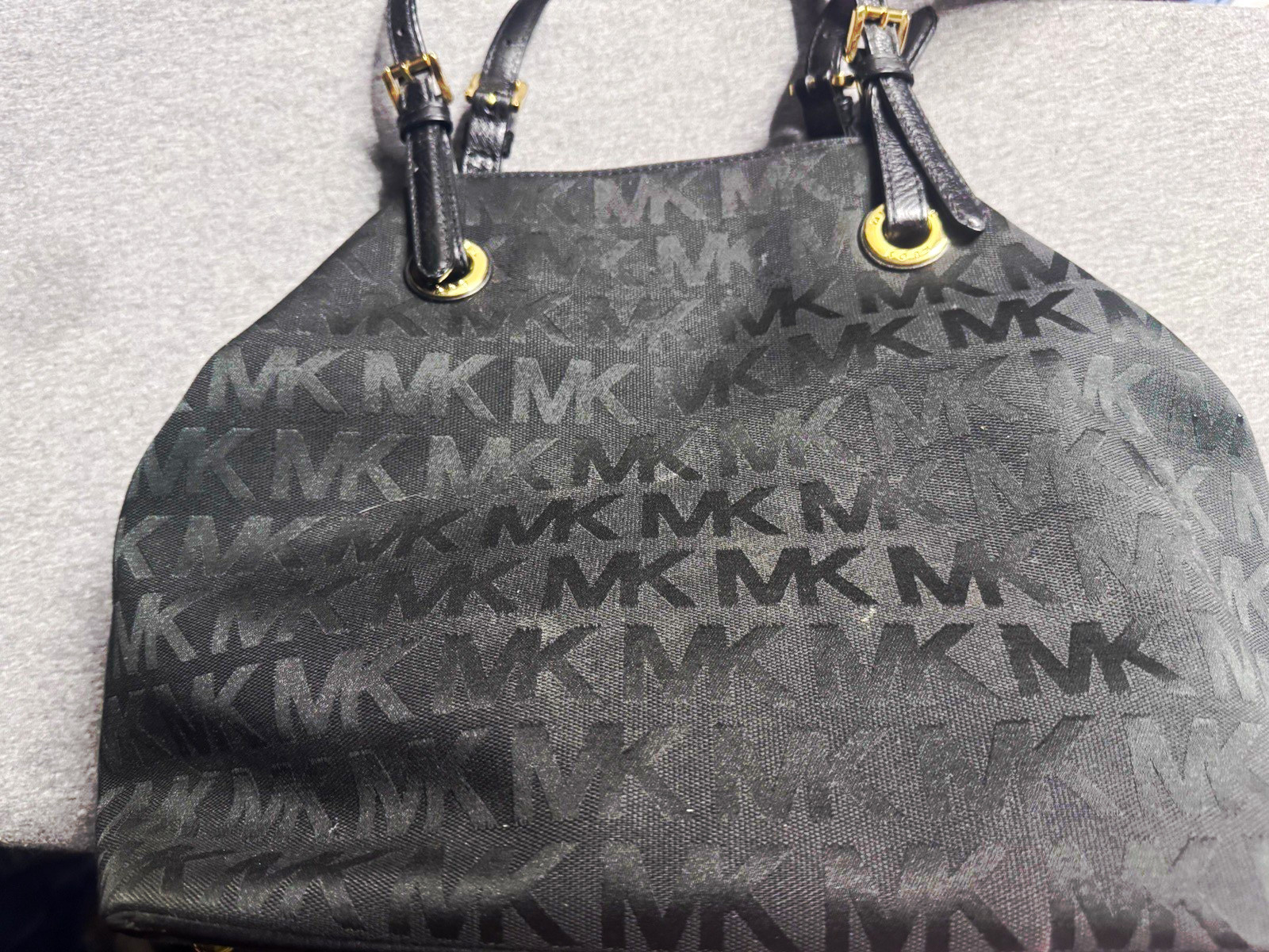 Michael Kors Black Logo Tote Bag Double Handles Gold Hardware Inner Pockets