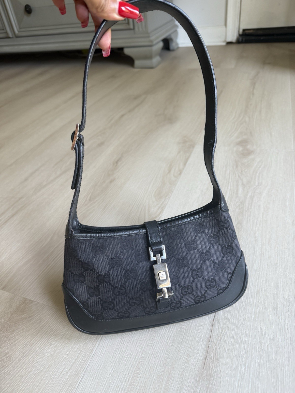 Vintage GUCCI Jackie-O Mini Black GG Canvas & Leather Handbag
