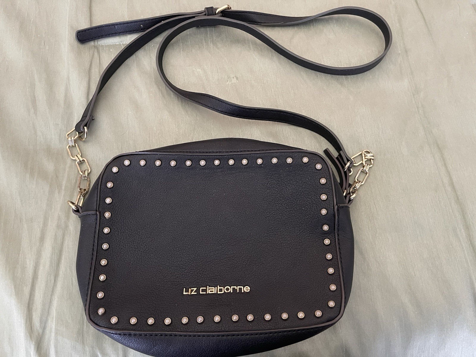 Liz Claiborne Women’s Black Shoulder Purse With Gold Pearl Studs, Vintage