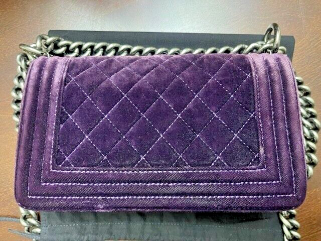 CHANEL Small LE BOY Purple Silver Chain Small Velvet Lambskin Bag Crossbody