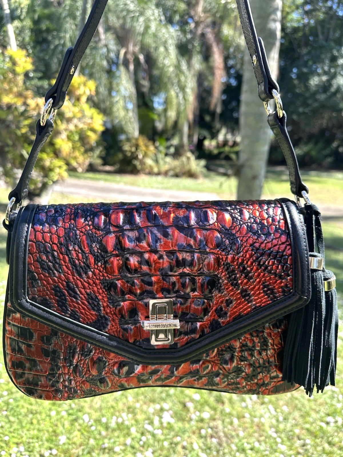 BRAHMIN NERIDA RED LEOPARDESS EXOTIC ANIMAL PRINT BLACK LEATHER HANDBAG w TASSEL