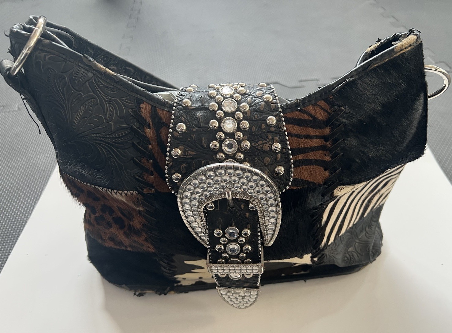 Cowgirl Patchwork Purse Black Embellished with Rhinestones and Faux Cowhide