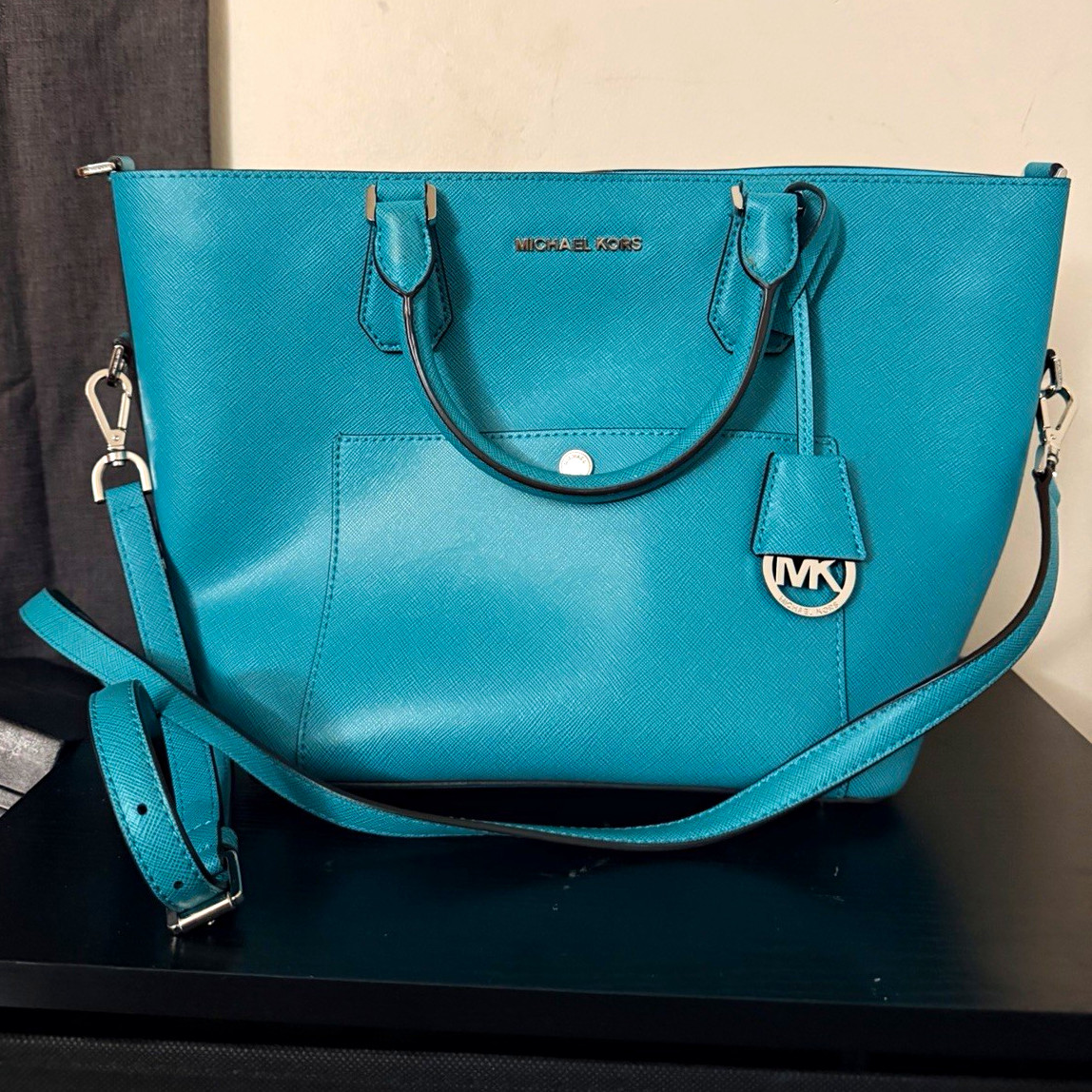 Michael Kors Jet Set Travel Saffiano Leather Tote Crossbody Bag Blue AV-1502