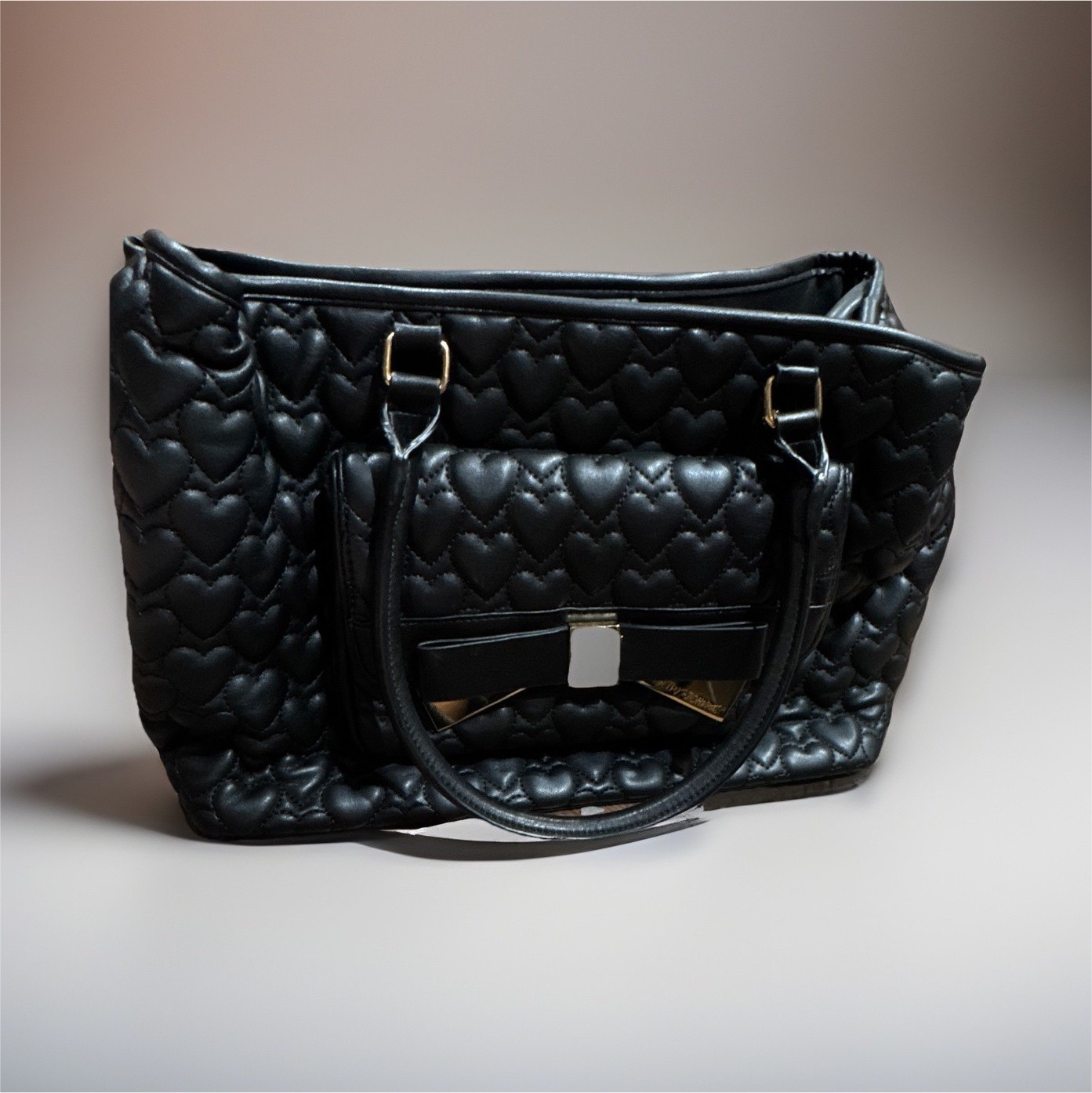 Betsey Johnson Black Quilted Heart Tote Bag Bow, Pink Lining, Detach Strap