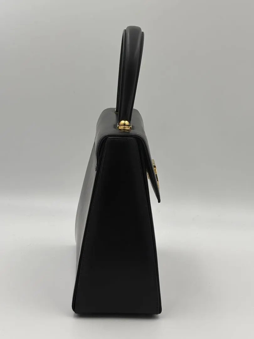 Salvatore Ferragamo Gancini Black Leather Top Handle Bag Gold Hardware Auth JP
