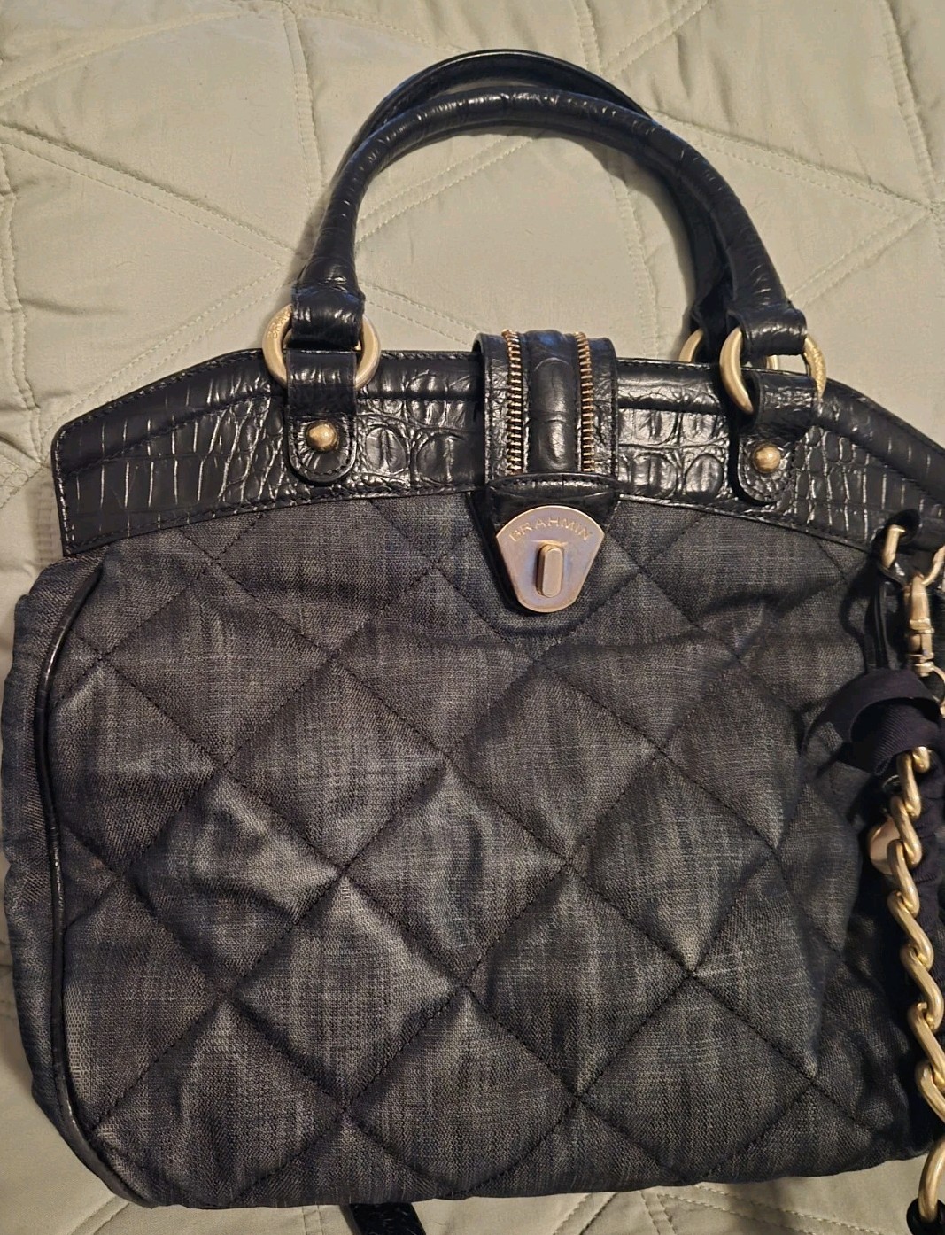 Brahmin Adora Black Washed Denim+Croc Emb. Lthr. Satchel, PO VGC VTG