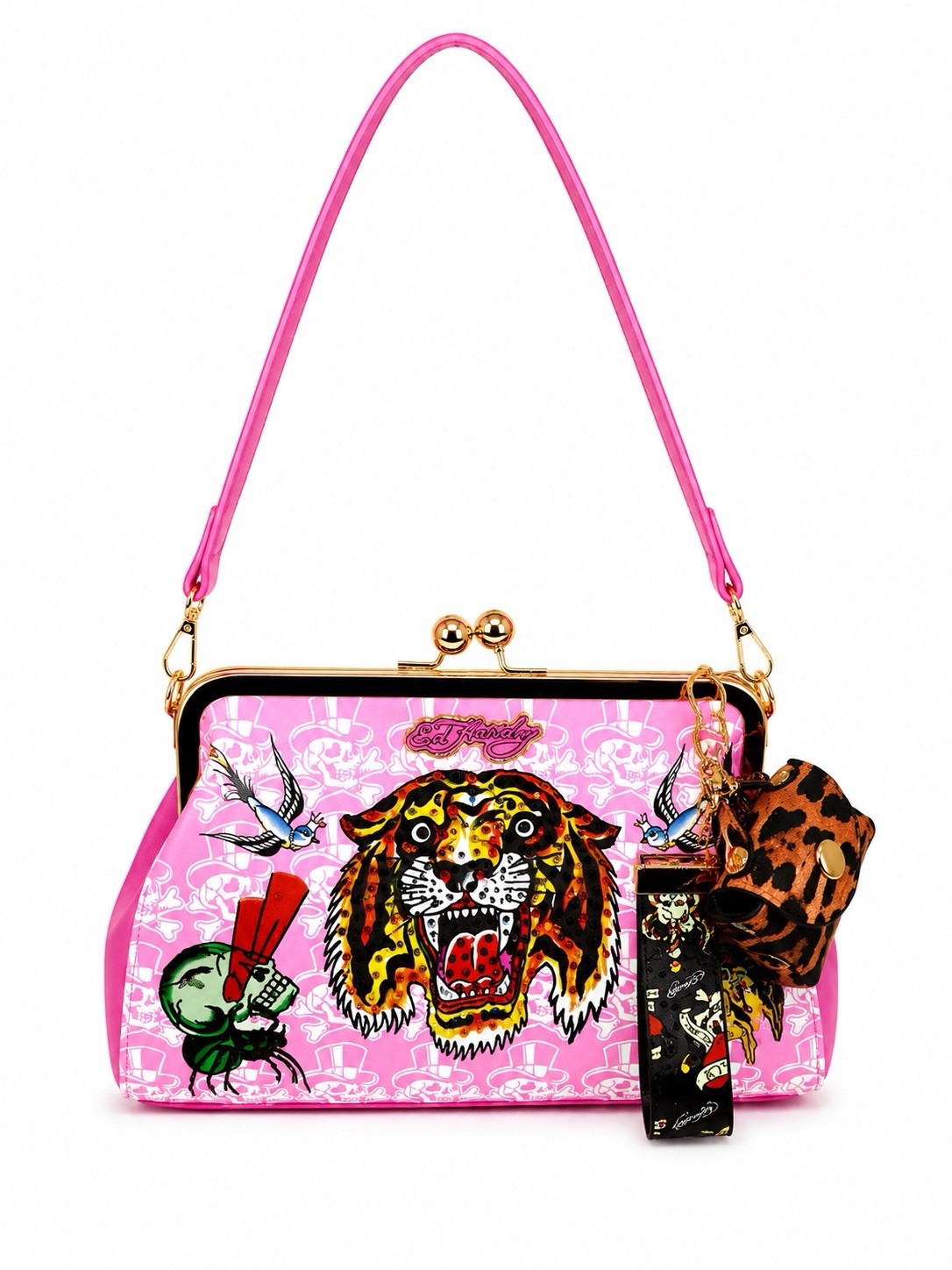 Ed Hardy Pink Tiger Kiss Lock Purse Rhinestone Shoulder Key Chain- NWT Y2K