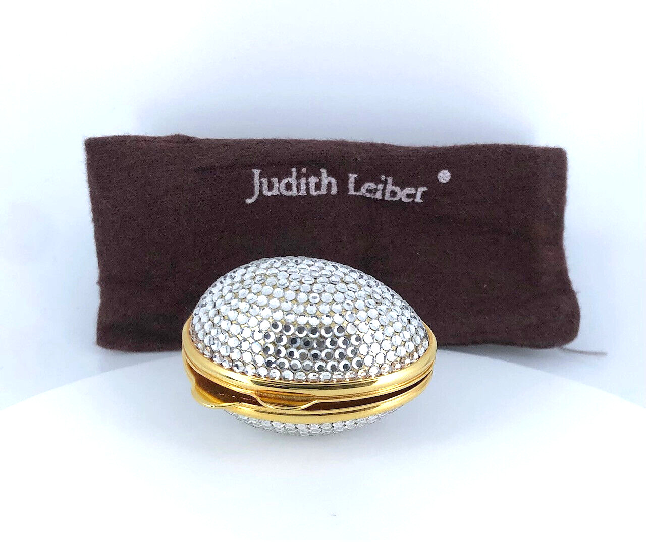 Judith Leiber Egg OVAL White Rhine Gold Crystal PillBox with Original Dust Bag
